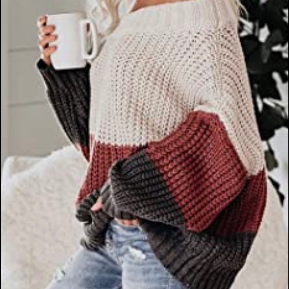 Off The Shoulder Chunky Color Block Sweater - image 3